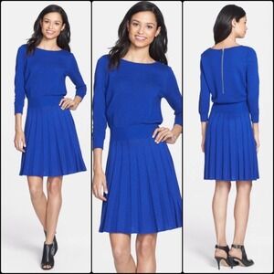 Eliza J Knit Blouson Sweater Dress Royal Blue Ribbed Pleated Women's Size M NWT